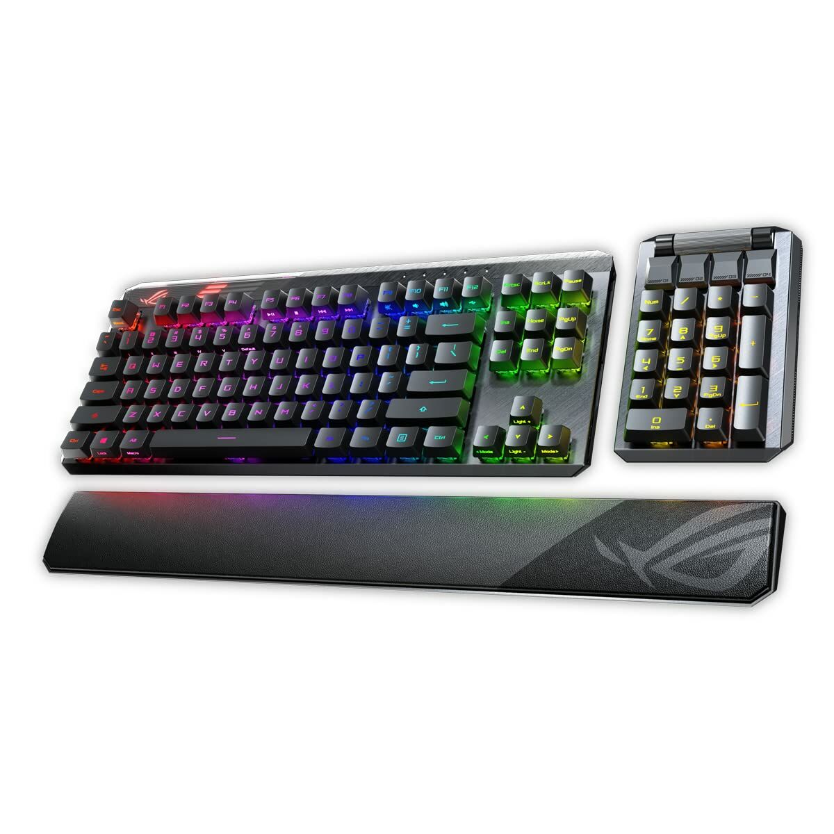 Gaming keyboard with RGB lighting, wrist rest, and additional keypad on a white background. Computer parts and accessories for sale. Axis-Dynamics