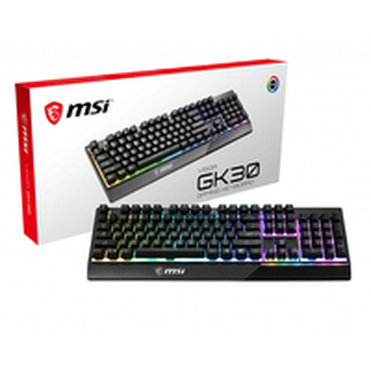 MSI VIGOR GK30 gaming keyboard with packaging on a white background. Computer parts and accessories for sale. Axis-Dynamics