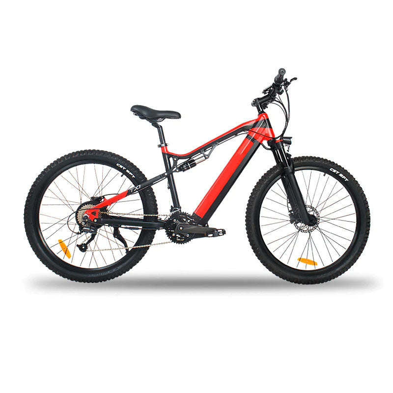 Red and black mountain bike on a white background