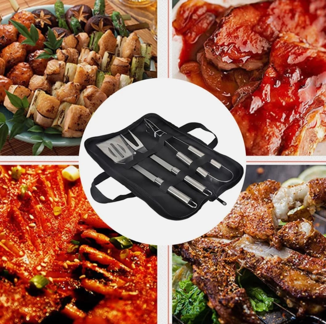 Collage of grilled food images with a black BBQ tool set in the center.