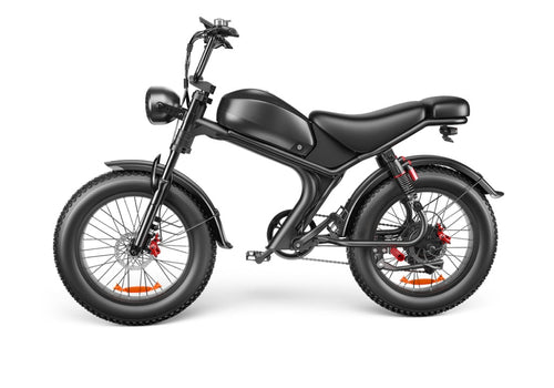 Black electric bike with 'amRide' branding on a white background