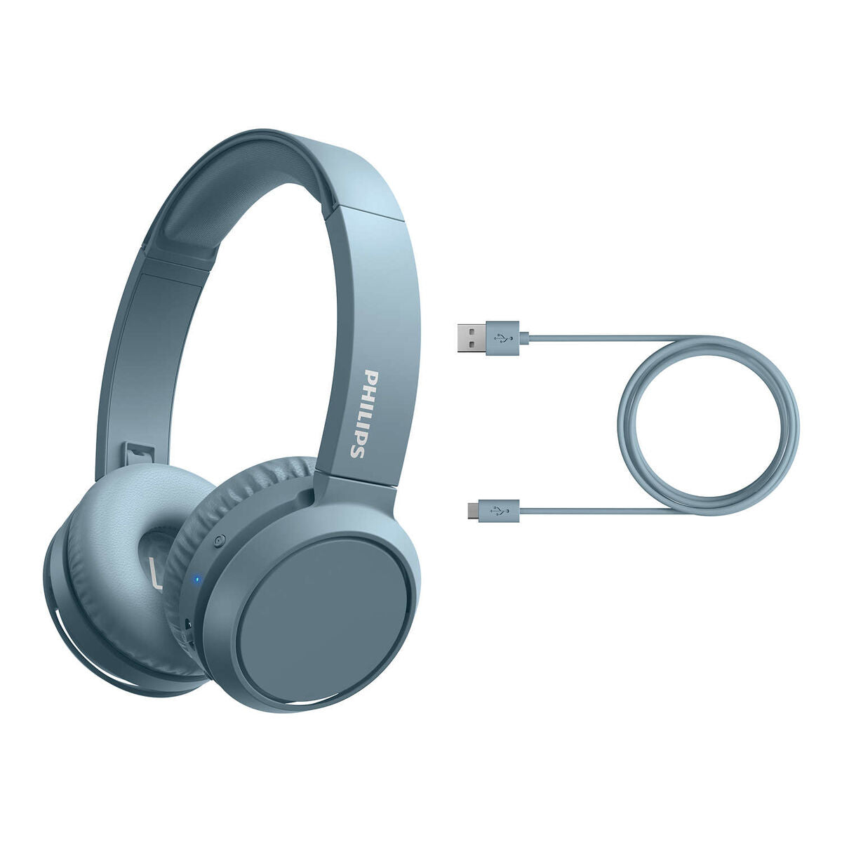 Blue Philips headphones with USB cable on a white background