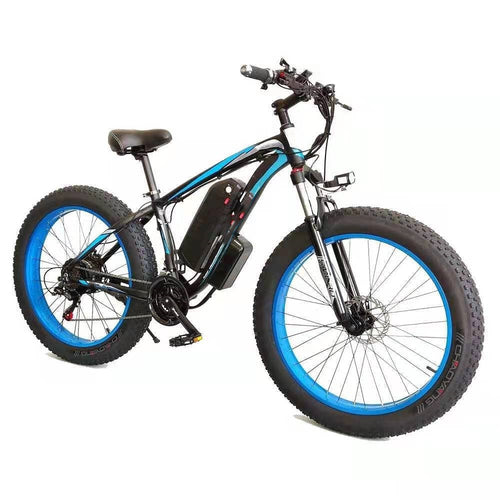 Electric bike with blue rims on a white background