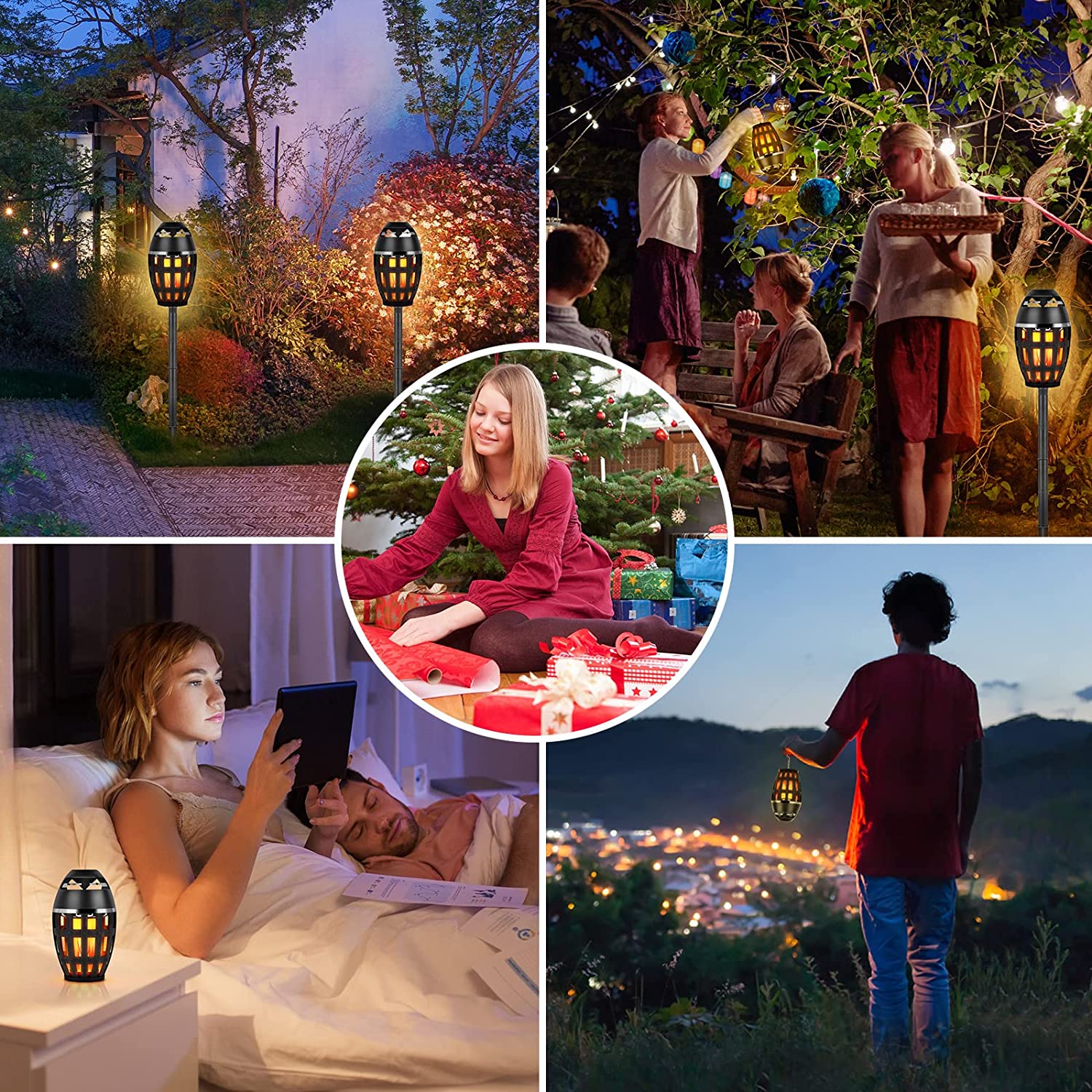 Collage of people using outdoor lanterns in various settings