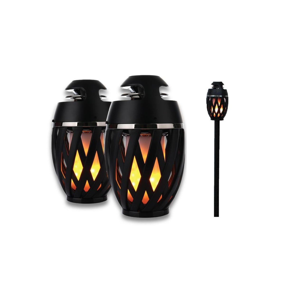 Two black outdoor lanterns with flame design and a separate torch on a white background.