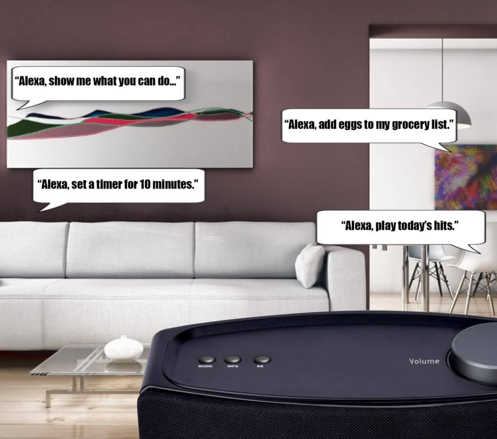 Smart speaker with Alexa integration in a living room setting