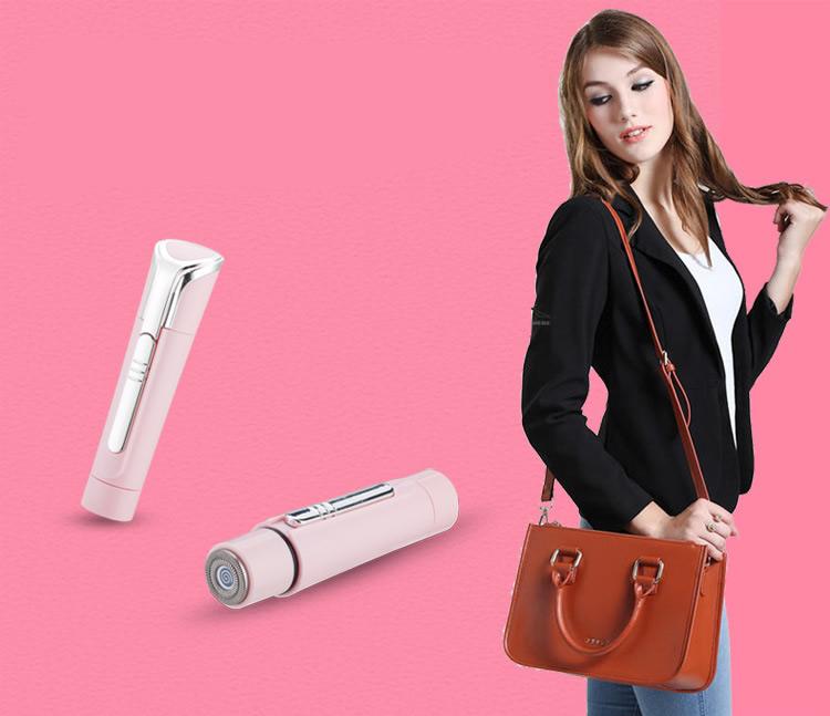 Woman holding a brown handbag with hair styling products on a pink background. able components on a white background. Best onine retail store. Axis-Dynamics