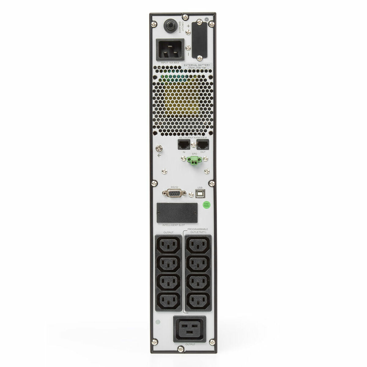 Back view of a power supply unit with multiple connectors on a white background