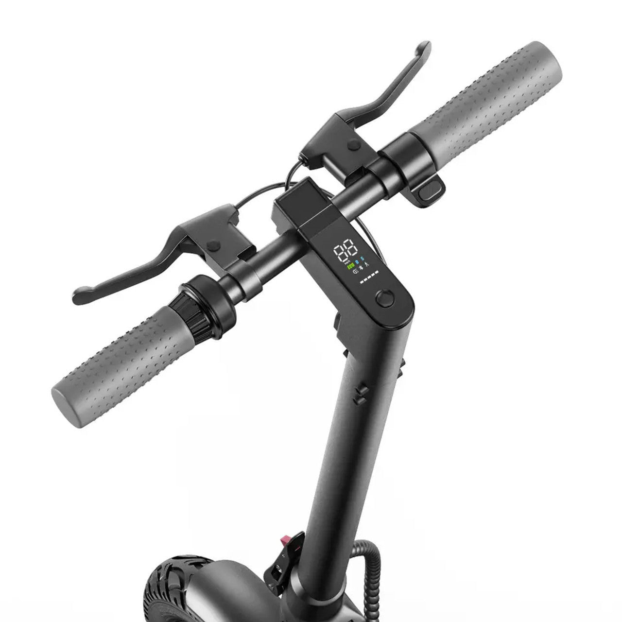 Black and gray scooter handlebar with digital display on a white background
