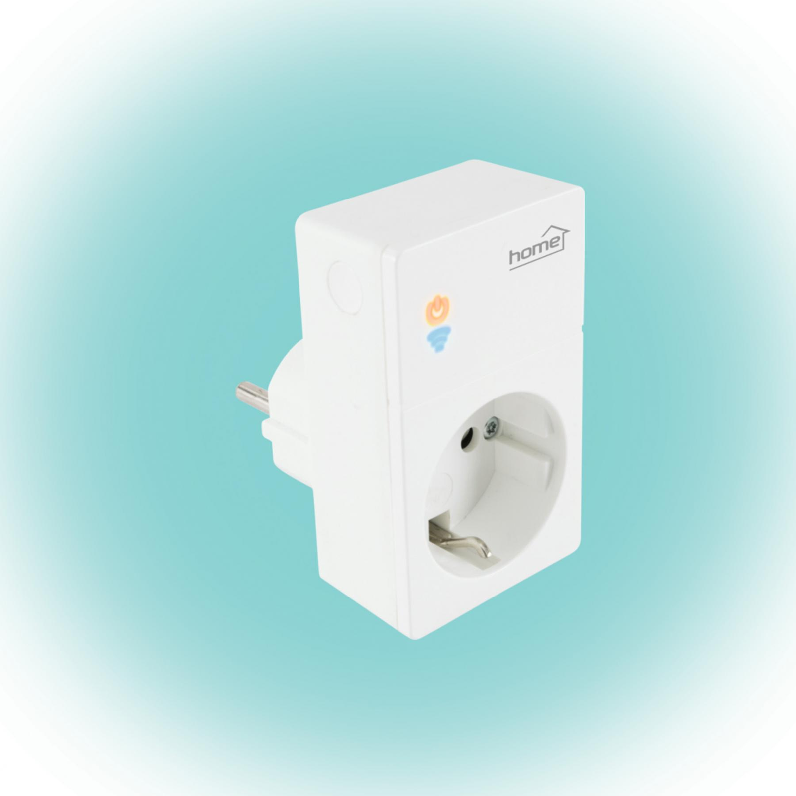White smart plug with 'homee' branding on a gradient blue background