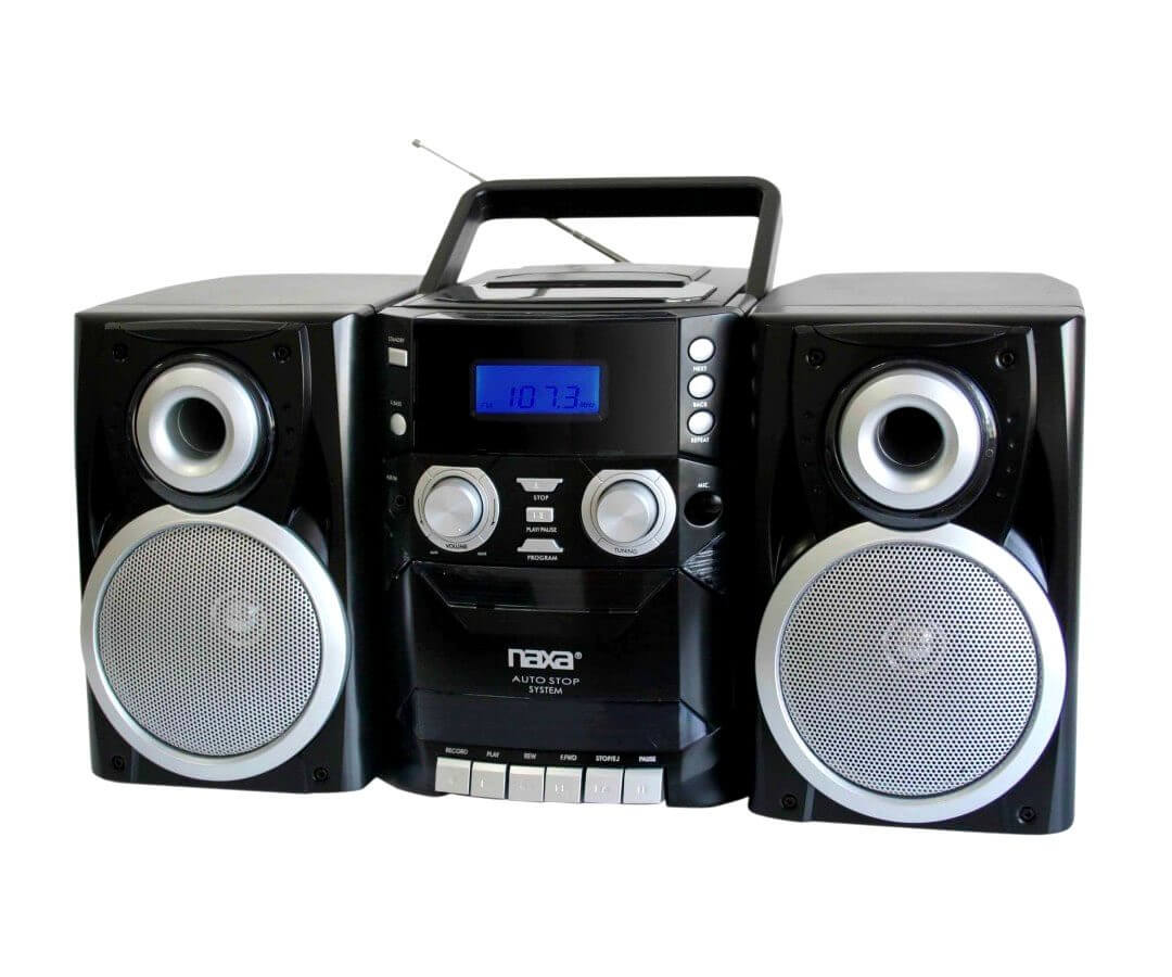 Black stereo system with speakers on a white background