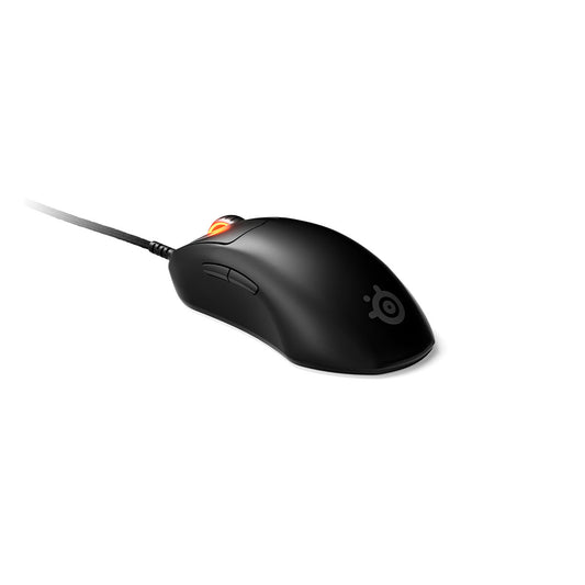 Black gaming mouse with SteelSeries.  logo on a white background. Axs-Dynamics