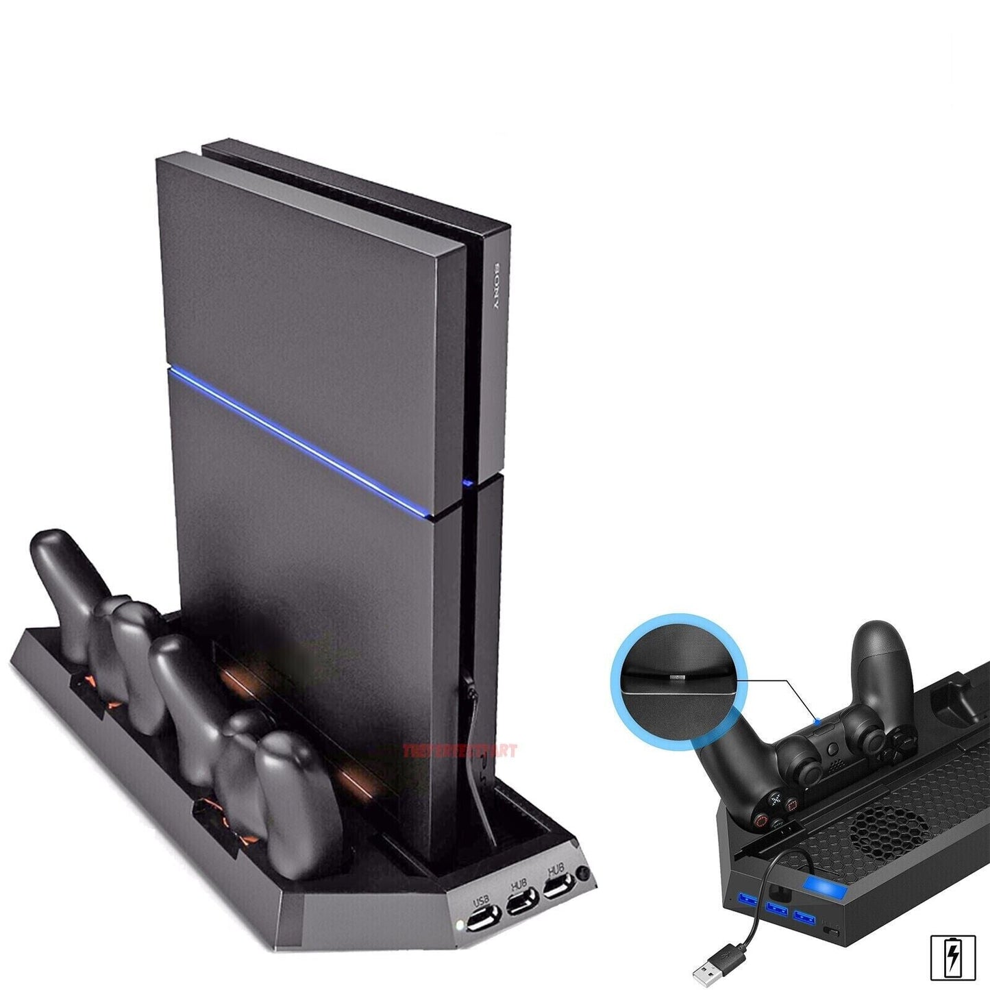 Gaming console with charging station and controller slots on a white background