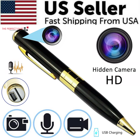 Black and gold pen-shaped hidden camera with icons indicating its functions, set against a white background. best compact camera for travel