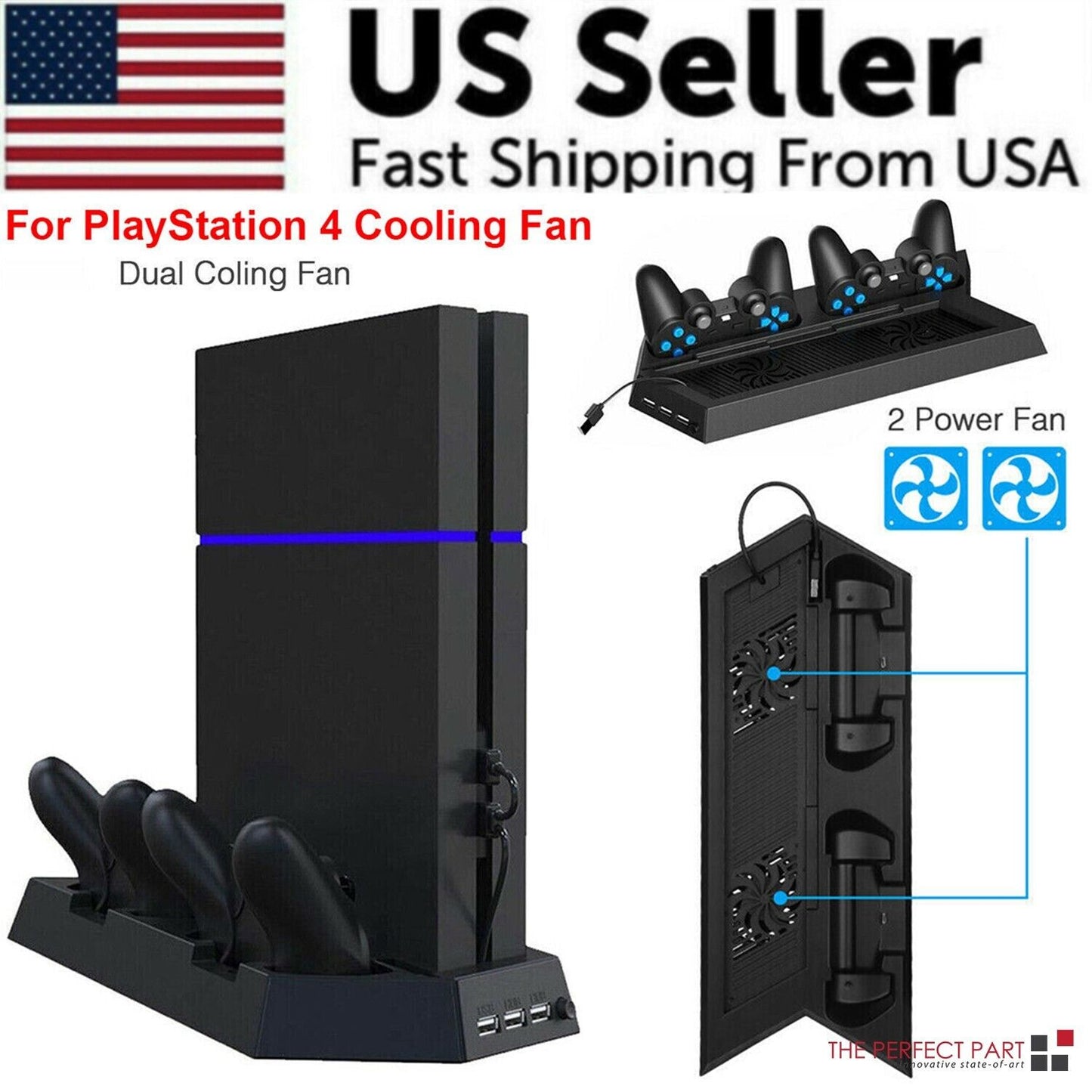 PlayStation 4 cooling fan with dual fans and power supply, labeled 'US Seller' and 'Fast Shipping From USA'.