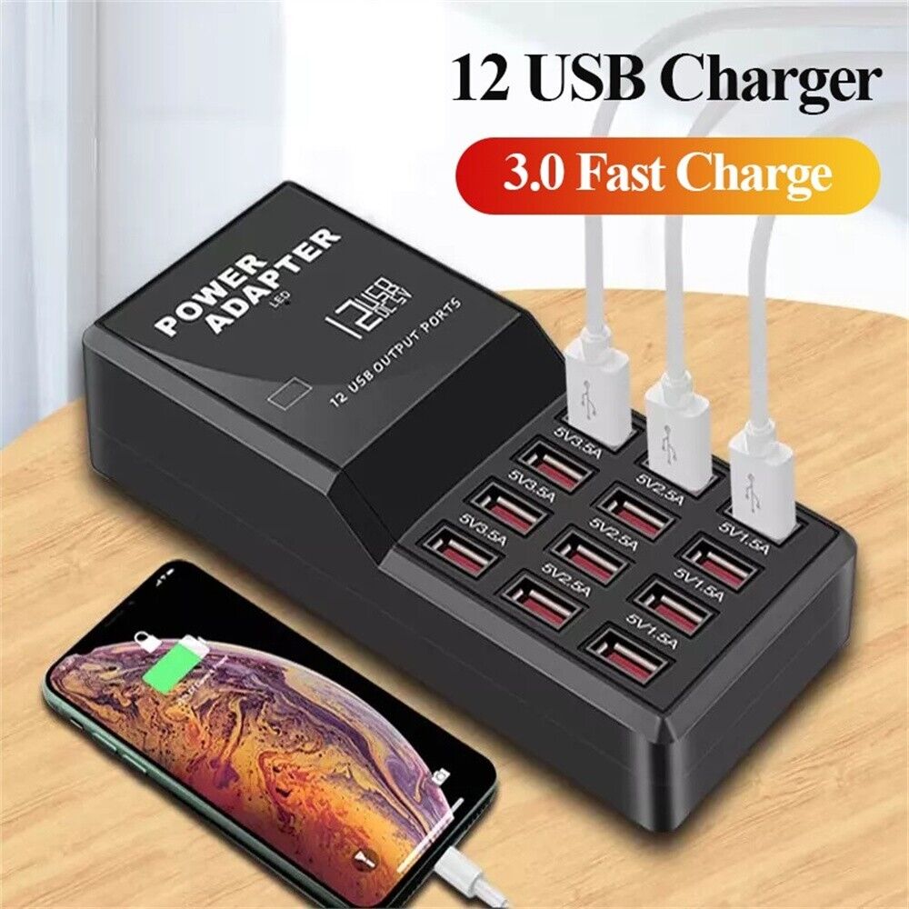 12 USB charger with power adapter on a wooden surface, showing 3.0 fast charge capability.