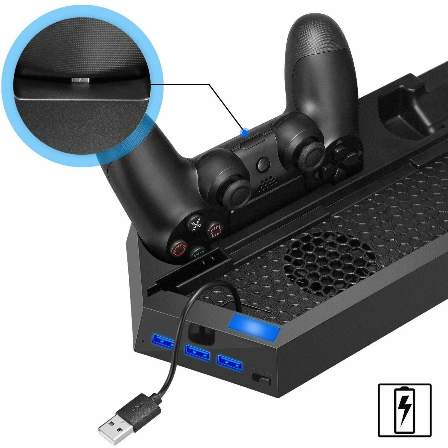 Gaming console with controllers and USB cable on a white background