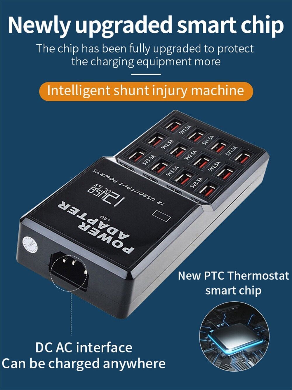 Power adapter with smart chip on a blue background
