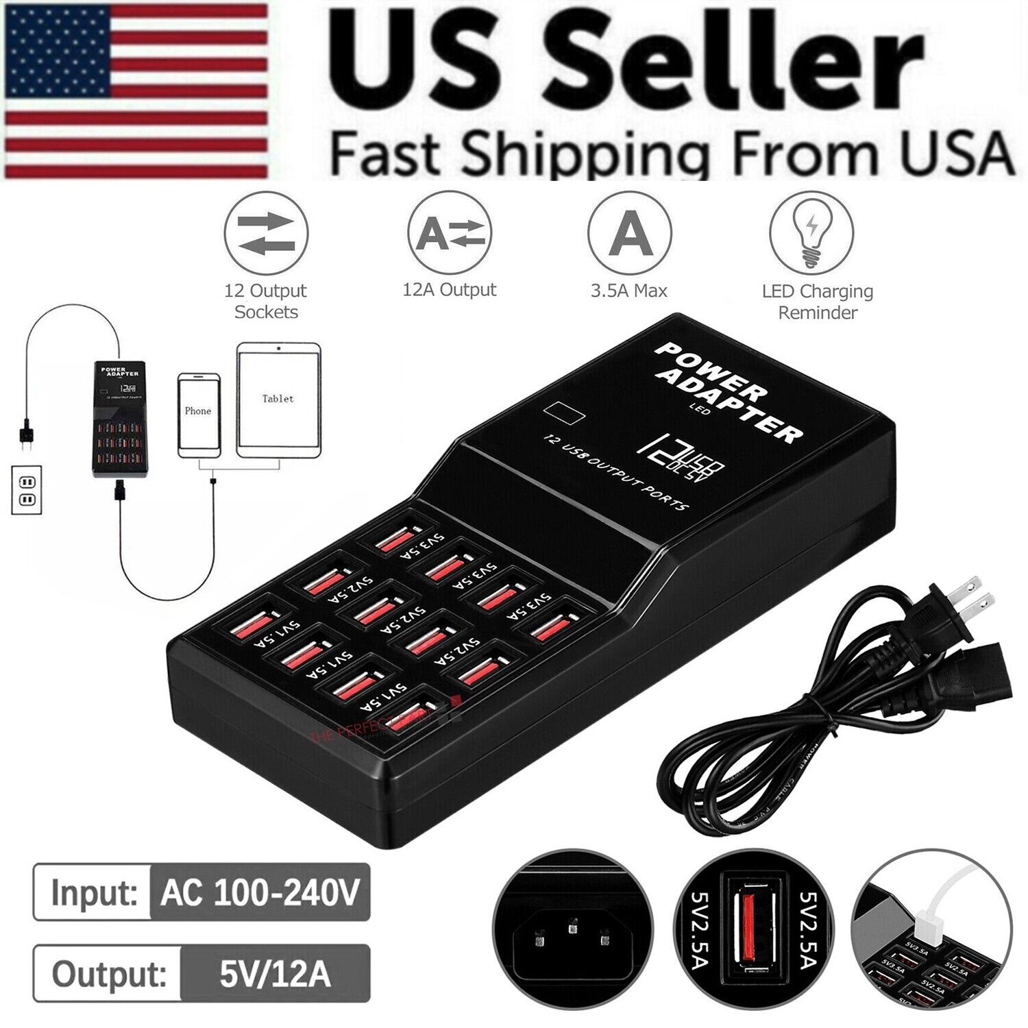 Black power adapter with multiple output sockets and charging indicators on a white background, featuring 'US Seller' text and an American flag.