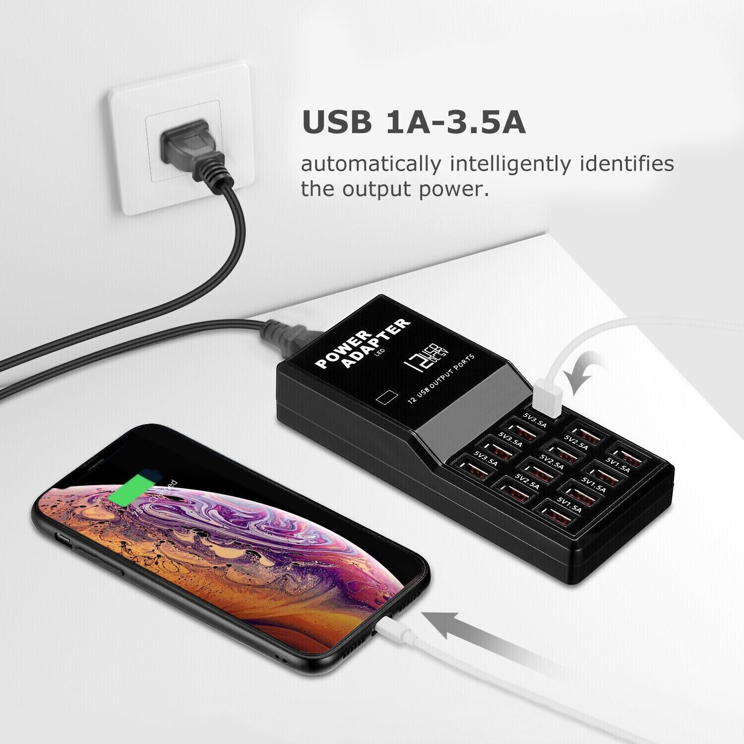 Power adapter with USB cable connected to a smartphone on a white surface.