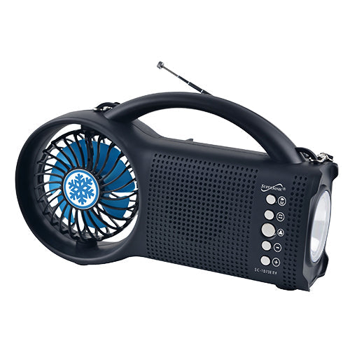 Multifunctional device with fan, radio, and flashlight on a white background