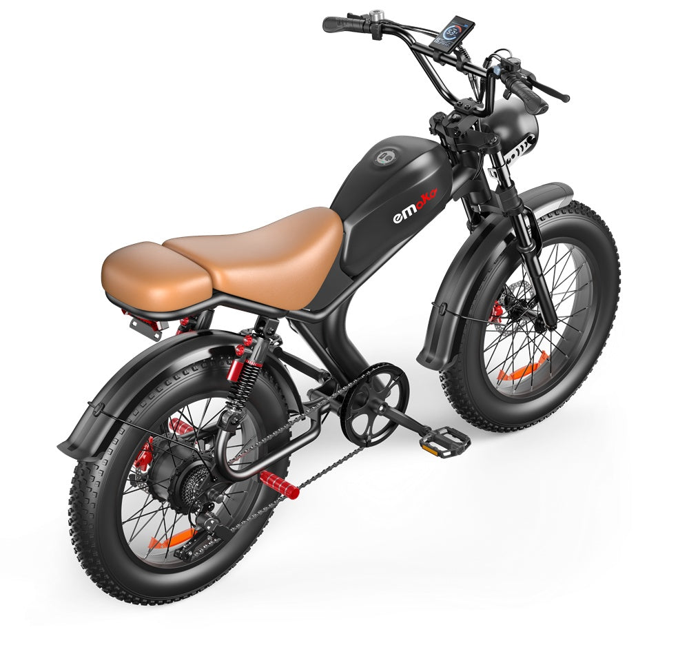 Black electric bike with a brown seat on a white background