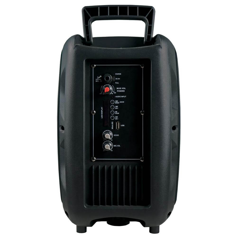 Black portable speaker with control panel on a white background