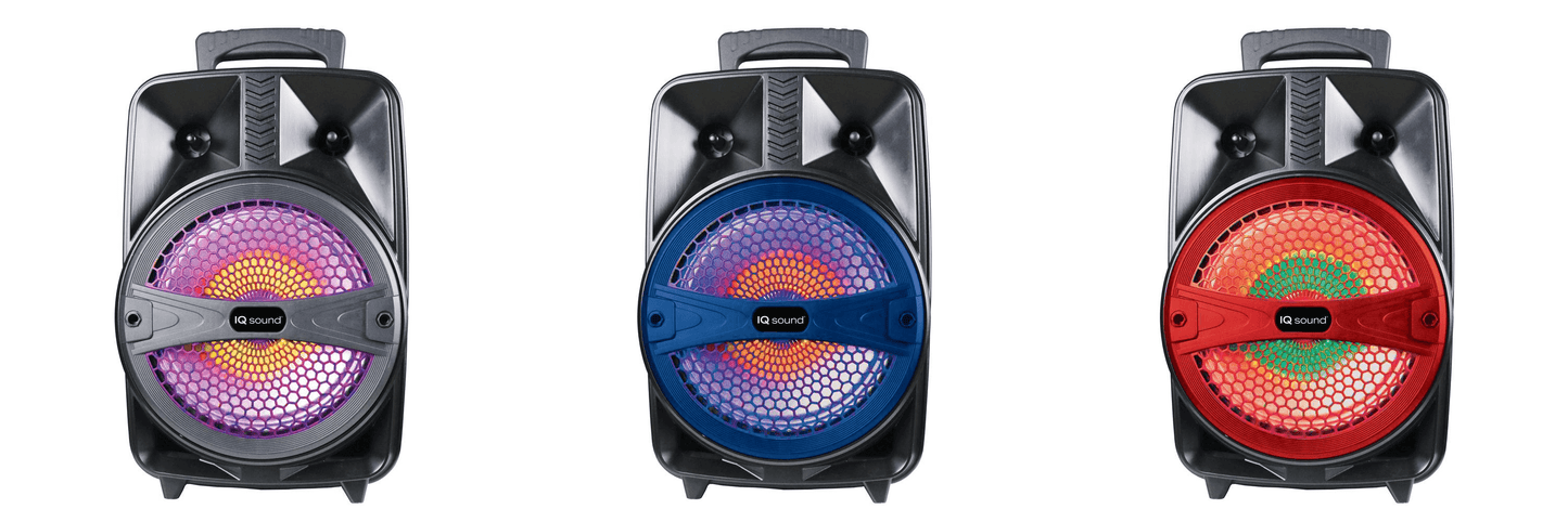 Three portable speakers with colorful LED lights on a white background