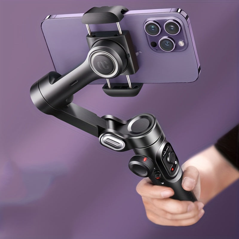 Handheld smartphone gimbal with phone attached on a purple background
