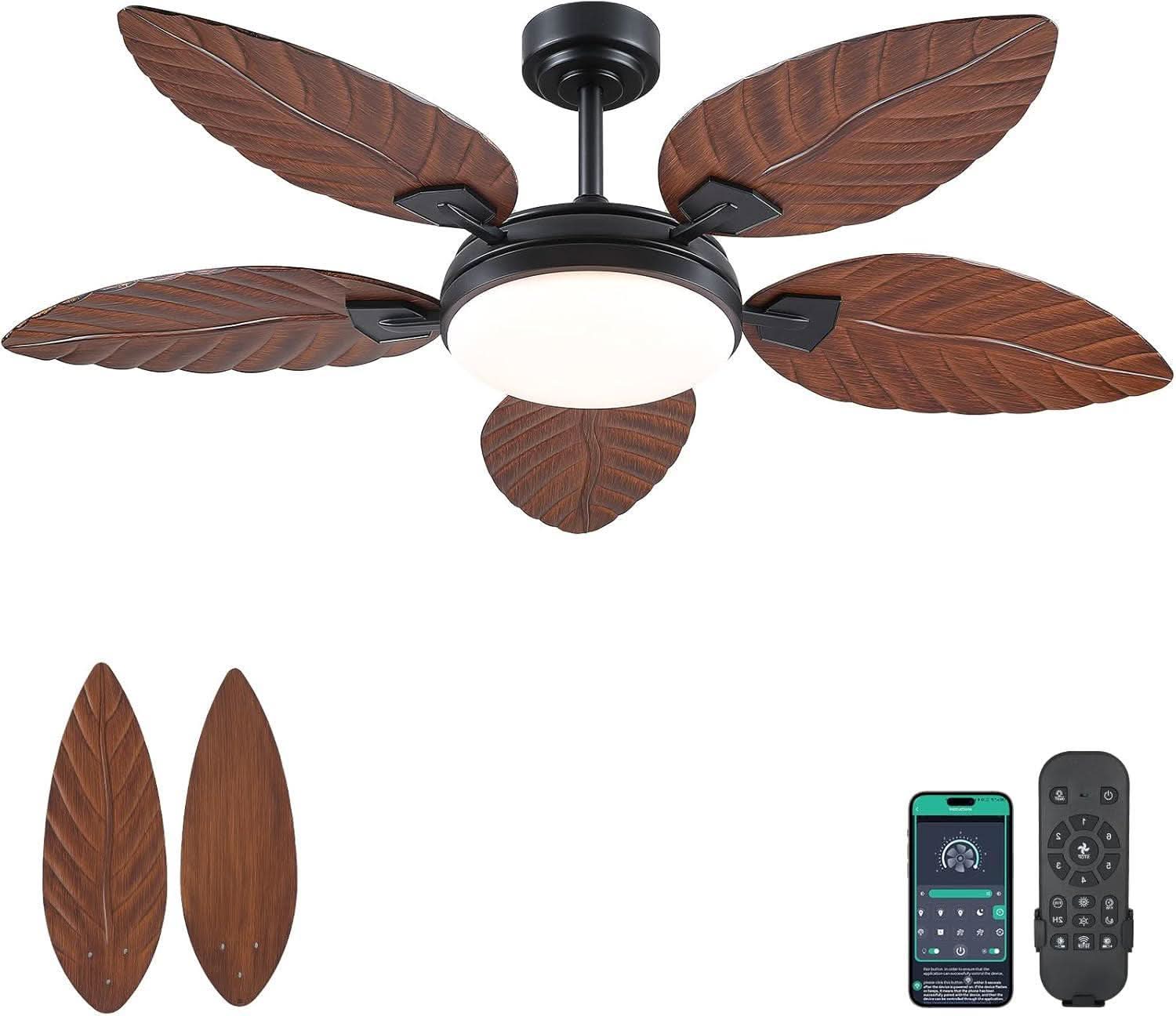 Ceiling fan with wooden blades, remote control, and smartphone app on a white background