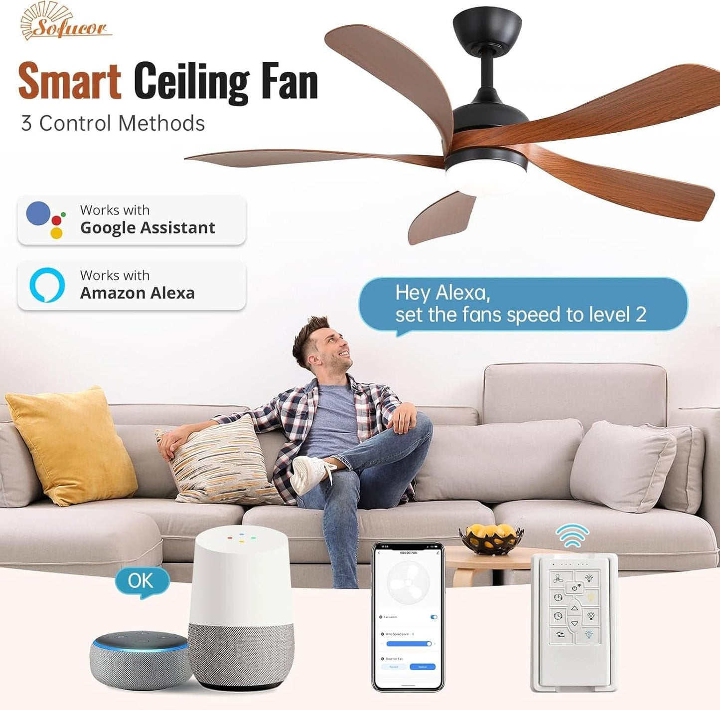 52 Inch Smart Home Compatible Ceiling Fan With LED Light