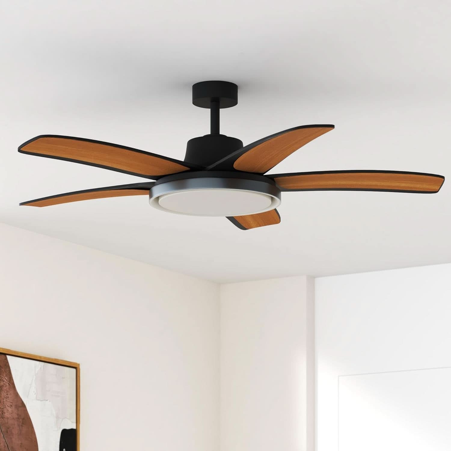 Ceiling fan with wooden blades in a room setting