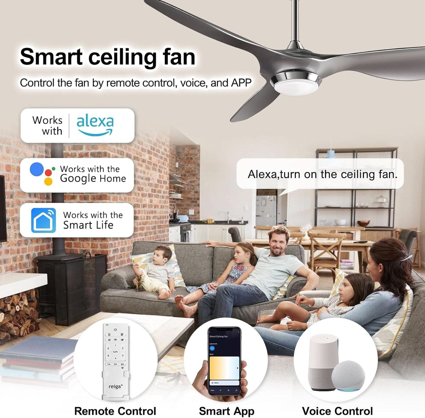 Smart ceiling fan with control options including remote, app, and voice control in a living room setting.