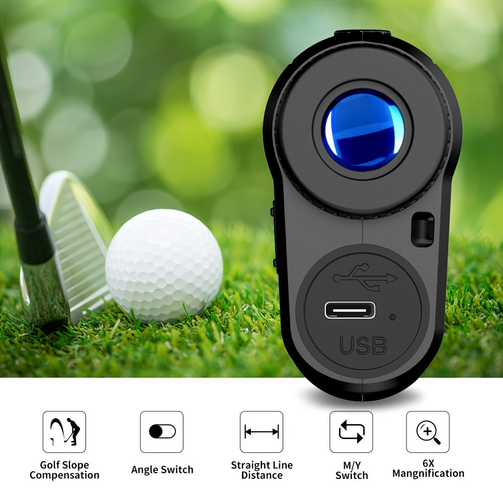 Golf rangefinder on grass with golf ball and club, featuring USB port and various functions.