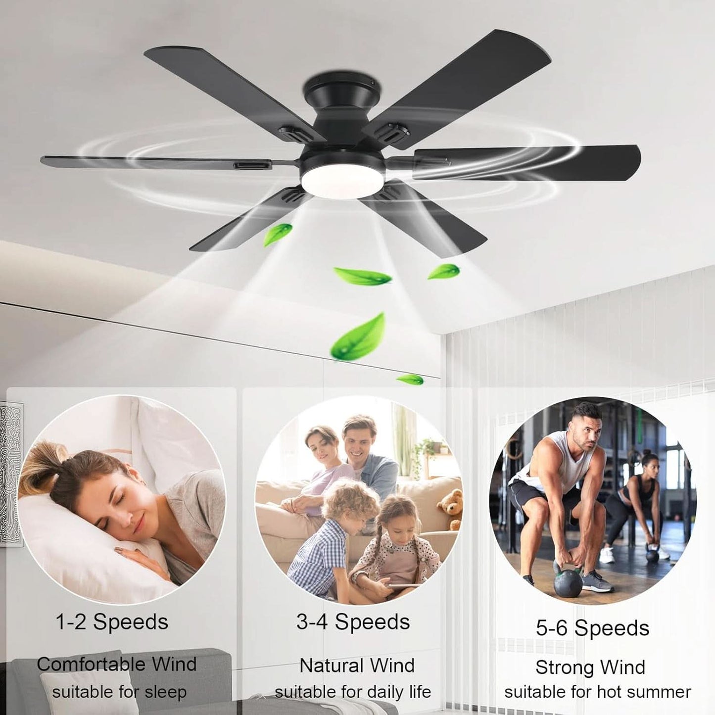 56Inch Jet Black Ultra Quiet Flush Mount Ceiling Fan