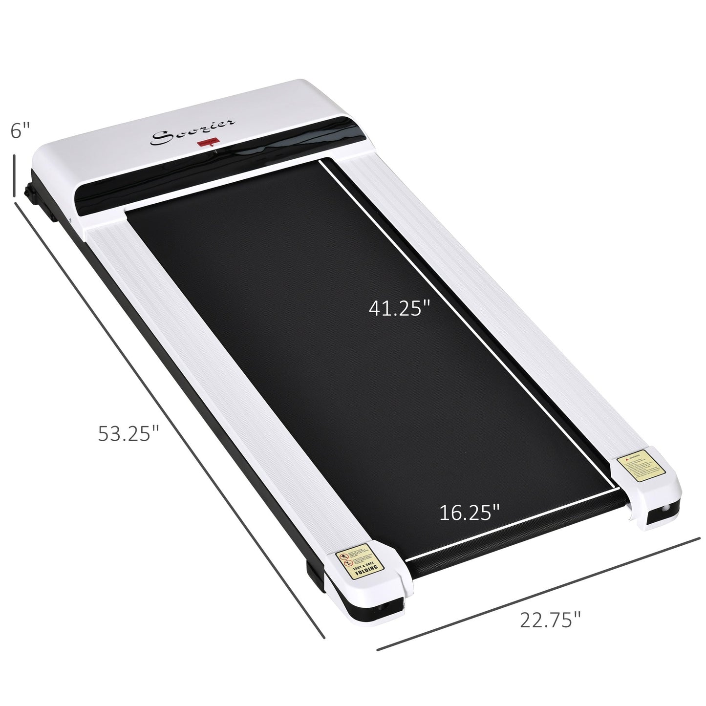 Portable treadmill with dimensions labeled on a white background