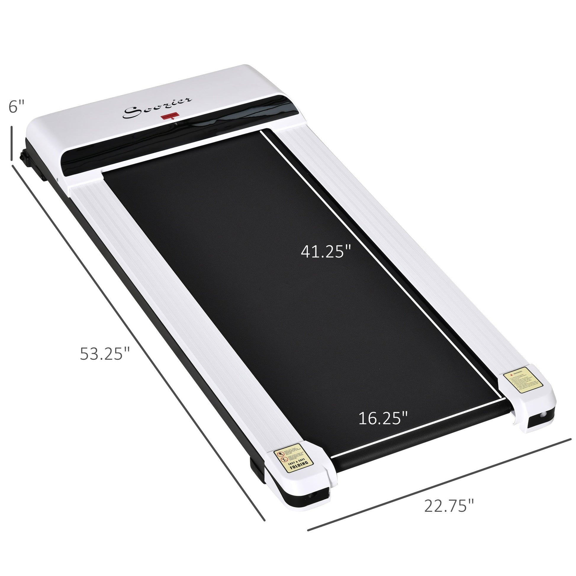 Portable treadmill with dimensions labeled on a white background