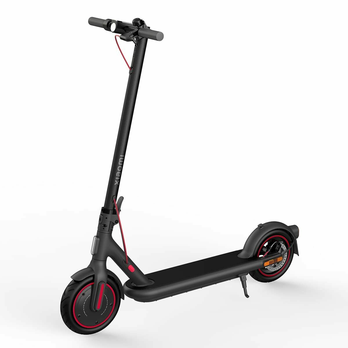 Black electric scooter with red accents on a white background