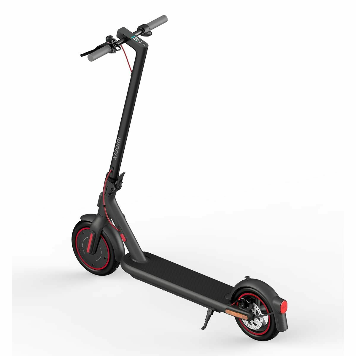 Black electric scooter with red accents on a white background