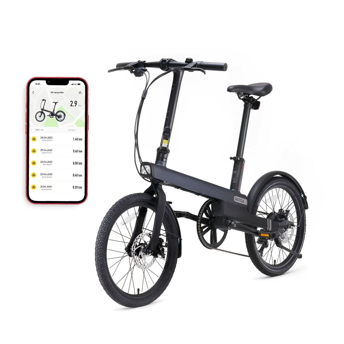 Black electric bike with smartphone app display on a white background