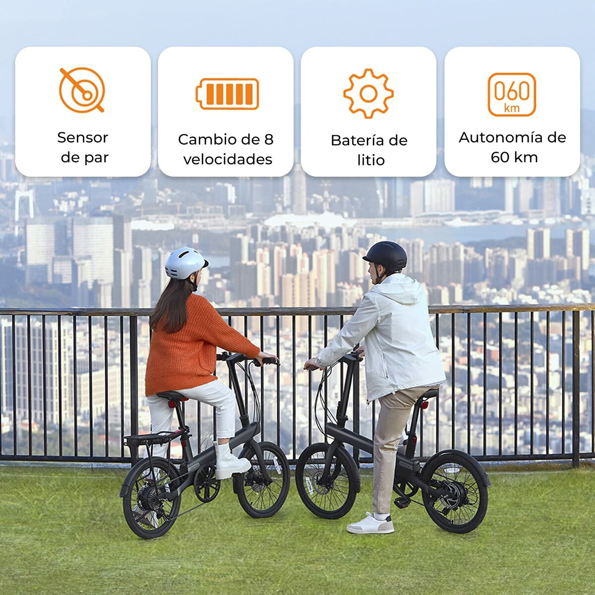 Two people riding electric bikes with features highlighted on a cityscape background