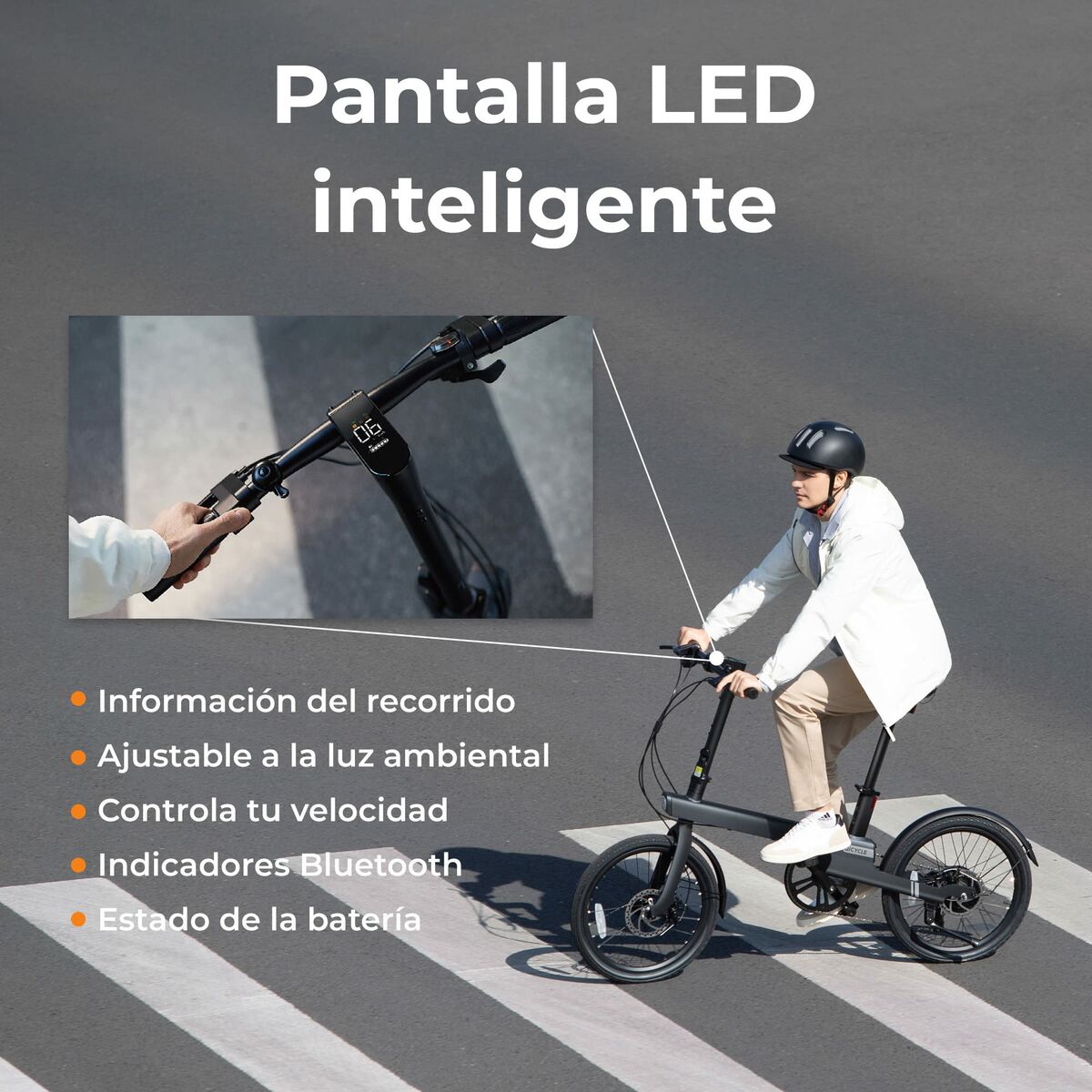 Person riding a bicycle with an intelligent LED screen display on a road.