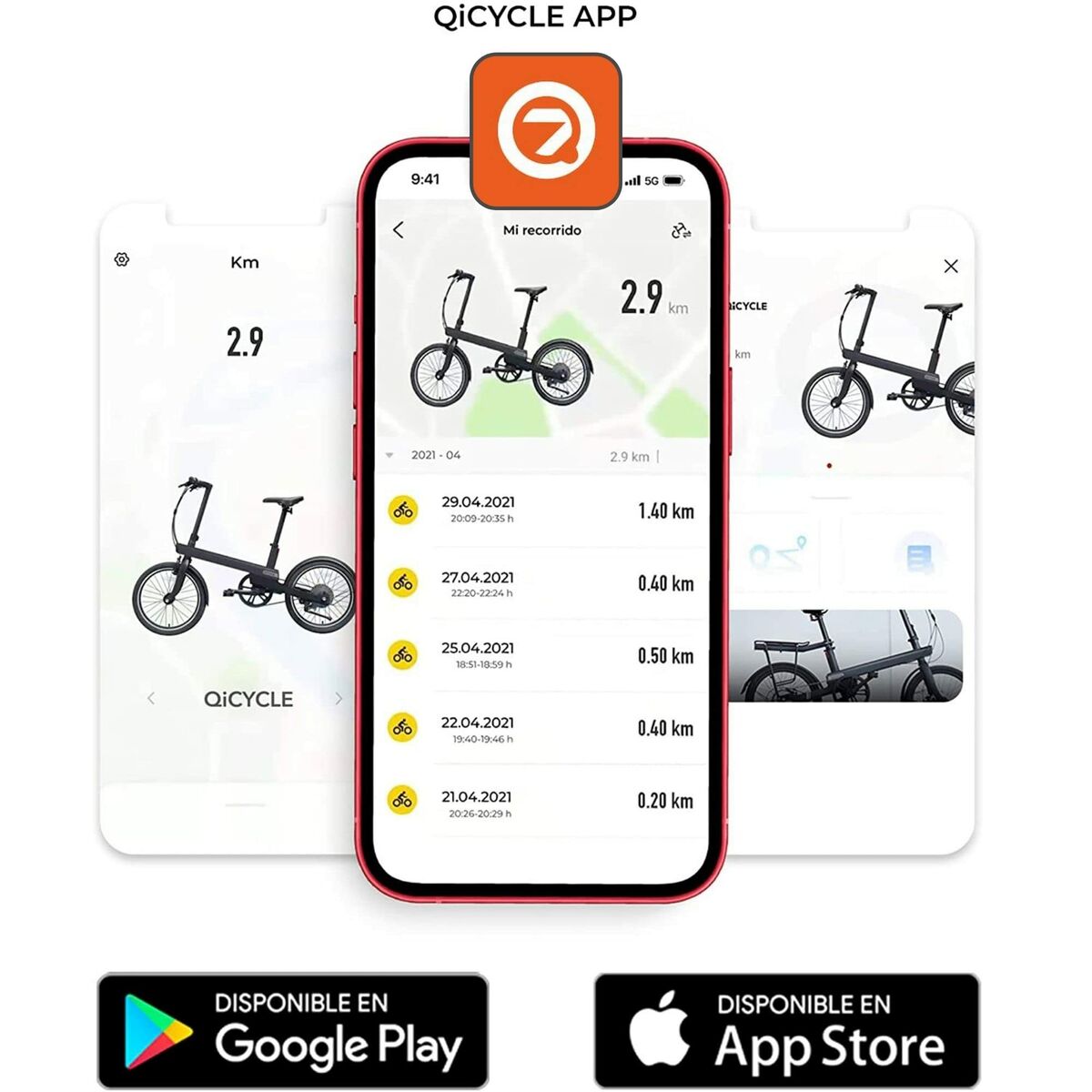Qicycle app interface on a smartphone with bike illustrations and app store availability logos.
