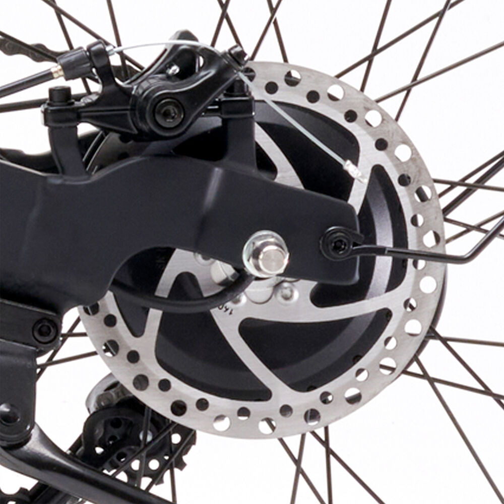 Close-up of a bicycle disc brake and rotor on a white background