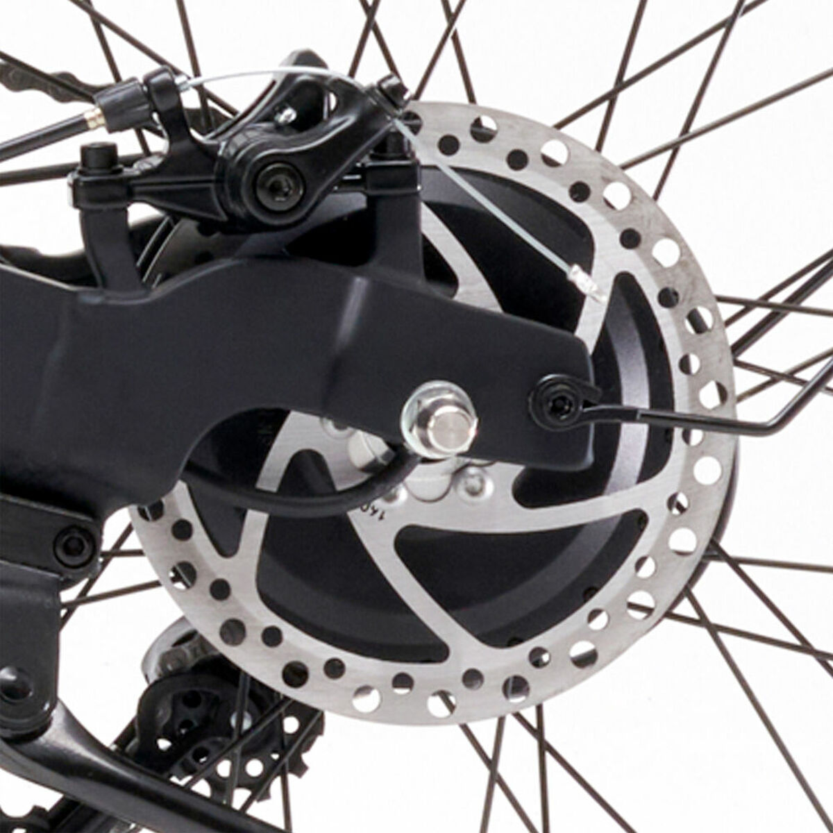 Close-up of a bicycle disc brake system with a white background