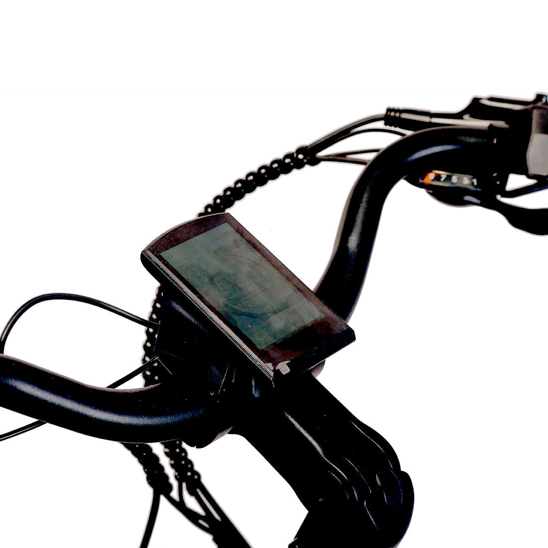Phone mounted on a bicycle handlebar with a white background