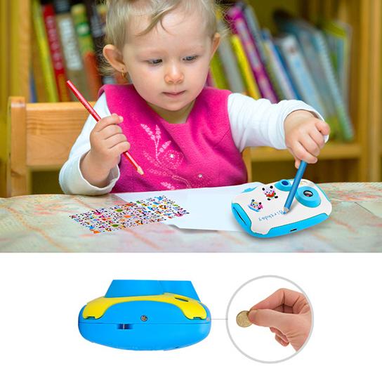 Child using a coloring machine with colorful output, surrounded by books.