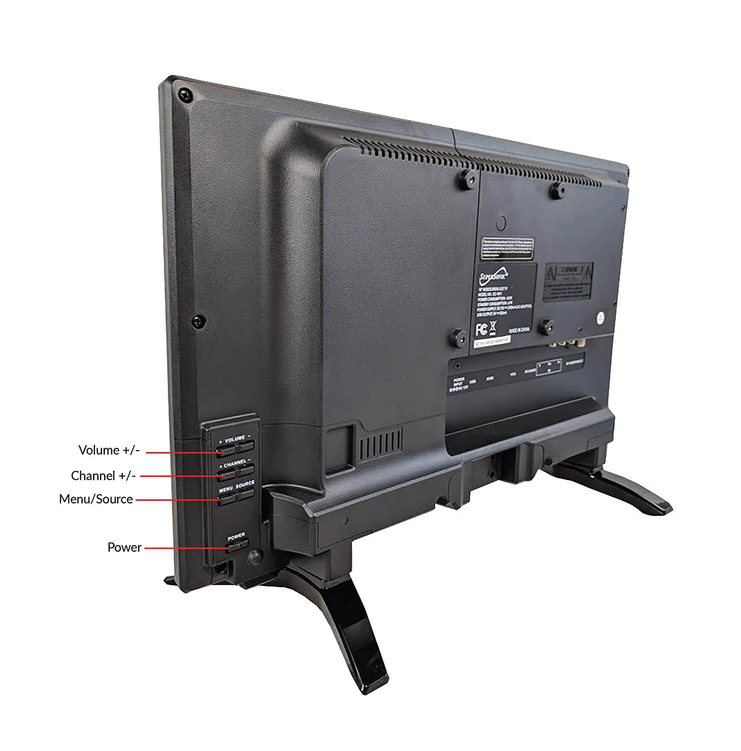 Back view of a television with labeled control buttons on a white background