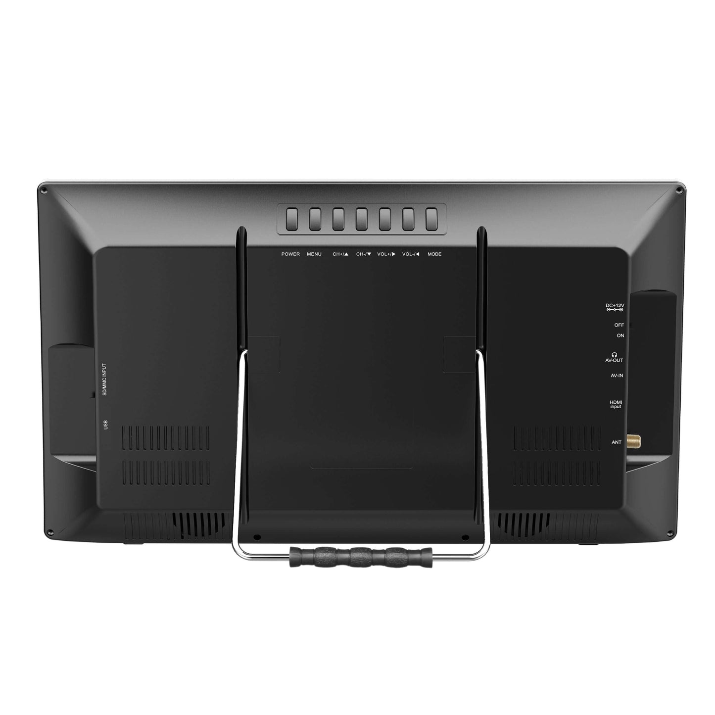 Back view of a black electronic device with control buttons on a white background