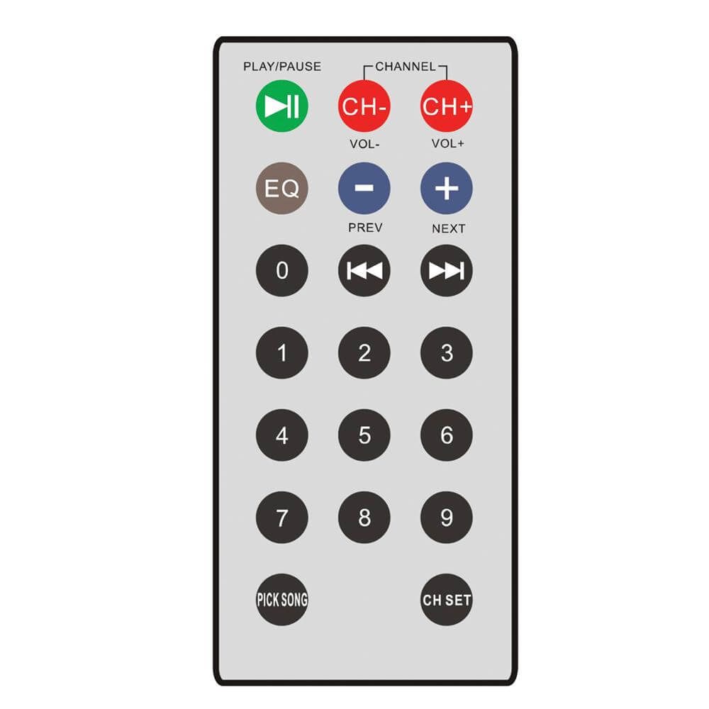 Remote control with various buttons on a white background